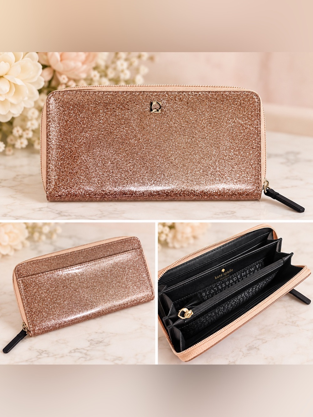 kate spade Rose Gold Glitter Zip Wallet